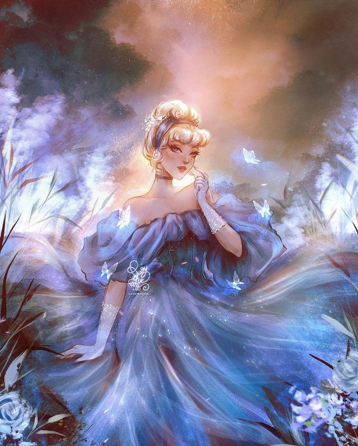 1girl, bare_shoulders, blonde_hair, blue_dress, blue_eyes, blue_headband, blunt_bangs, bug, butterfly, cattail, cinderella_(disney_character), cinderella_(disney_movie), corset, disney, dress, finger_to_mouth, flower, formal_clothes, full_body, gloves, gown, grass, hair_bun, headband, insect, off-shoulder_dress, off_shoulder, plant, puffy_dress, rose, roytheart, single_hair_bun, solo, white_butterfly, white_gloves