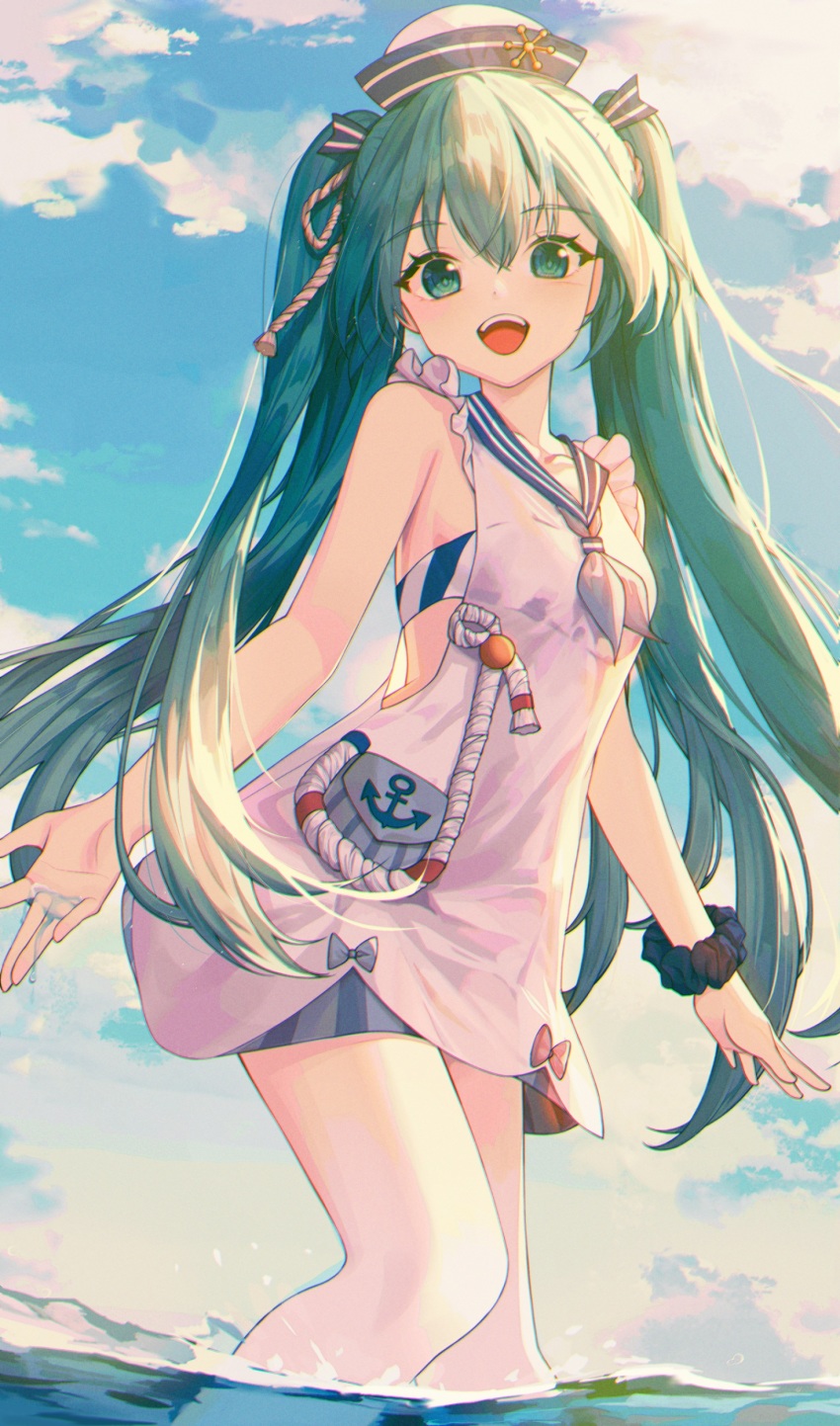 1girl, absurdres, aqua_eyes, aqua_hair, bare_shoulders, blue_sky, blush, clothing_request