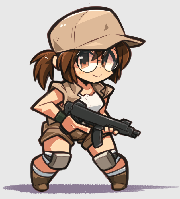 1girl, baseball_cap, brown_eyes, brown_hair, brown_hat, brown_shoes, brown_shorts, brown_vest, chibi, fio_germi, glasses, grey_background, gun, hat, holding, holding_gun, holding_weapon, ibara., knee_pads, long_hair, looking_at_viewer, metal_slug, open_clothes, open_vest, ponytail, round_eyewear, shirt, shoes, short_shorts, shorts, simple_background, sleeveless, sleeveless_shirt, smile, snk, solo, standing, submachine_gun, trigger_discipline, vest, weapon, white_shirt