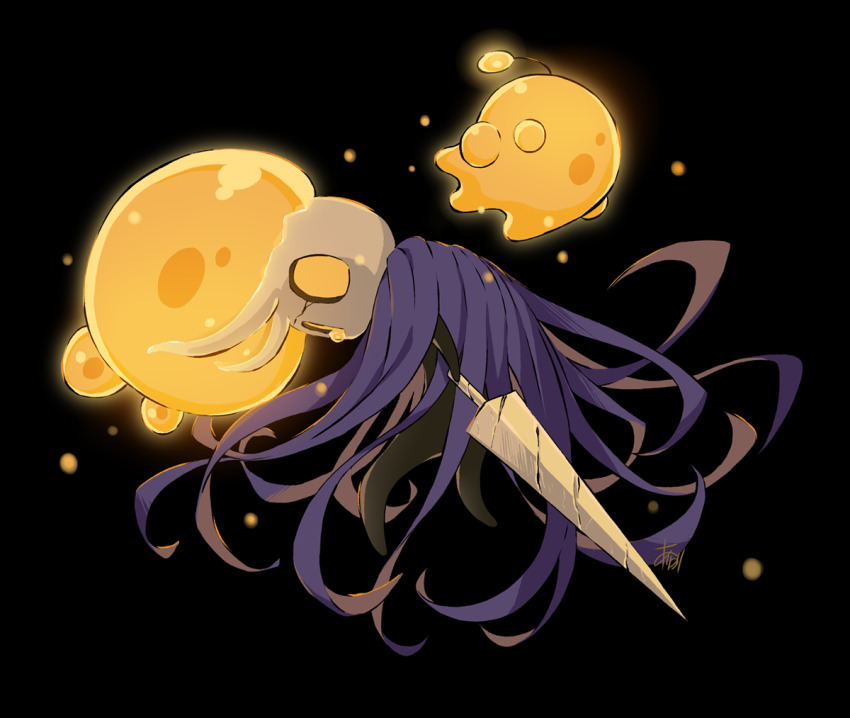 arizuka_(catacombe), black_background, broken_vessel_(hollow_knight), cloak, glowing, holding, holding_weapon, hollow_knight, infected_balloon_(hollow_knight), knight, nail_(hollow_knight), old_nail_(hollow_knight), purple_cloak, signature, simple_background, weapon