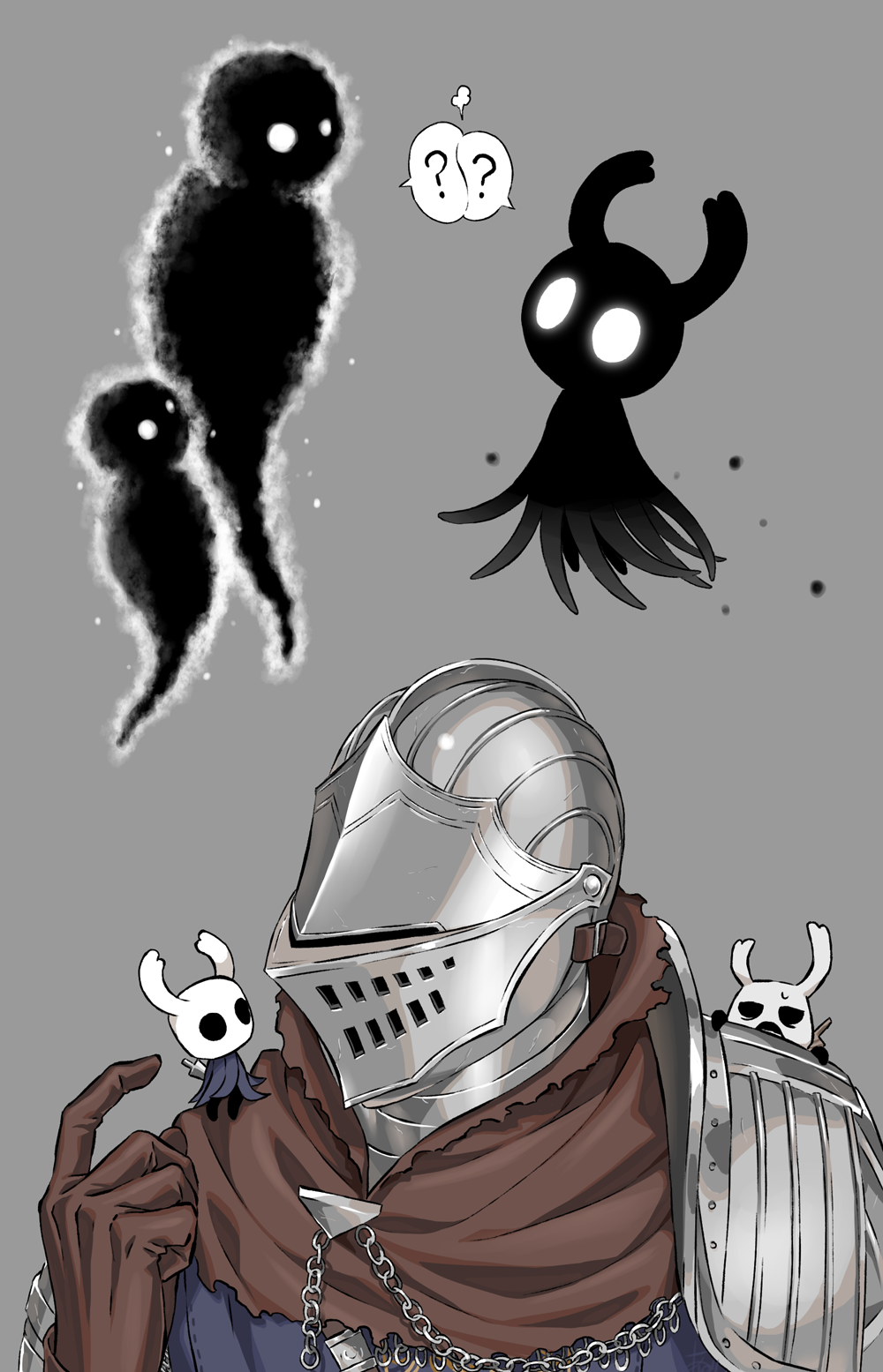 ?, arizuka_(catacombe), armor, brown_gloves, chain, commentary_request, dark_souls_(series), dark_souls_i, ghost, gloves, glowing, glowing_eyes, grey_background, hand_up, helm, helmet, highres, hollow_knight, humanity_(dark_souls), knight_(hollow_knight), looking_at_another, nail_(hollow_knight), shade_(hollow_knight), sharpened_nail_(hollow_knight), spoken_question_mark, sweatdrop, upper_body, weapon, white_eyes, zote