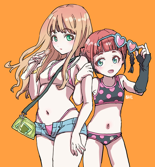 2girls, :d, asukagawa_chise, bag, bikini, black_gloves, black_hair, breasts, brown_hair, cellphone, elbow_gloves, unworn_eyewear, fingerless_gloves, flat_chest, gloves, gradient_hair, green_eyes, gridman_universe, handbag, heart, heart-shaped_eyewear, hand_on_own_arm, long_hair, looking_at_viewer, minami_yume, multicolored_hair, multiple_girls, navel, open_mouth, orange_background, pale_skin, phone, polka_dot, polka_dot_bikini, red_hair, short_shorts, shorts, small_breasts, smile, ssss.dynazenon, standing, suika_(suika-dokei), sunglasses, swimsuit, open_fly, wristband