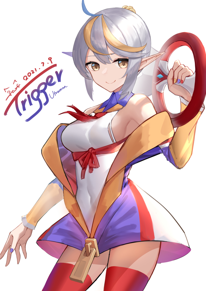 1girl, 9_vcat, absurdres, blonde_hair, blue_hair, breasts, character_name, commentary