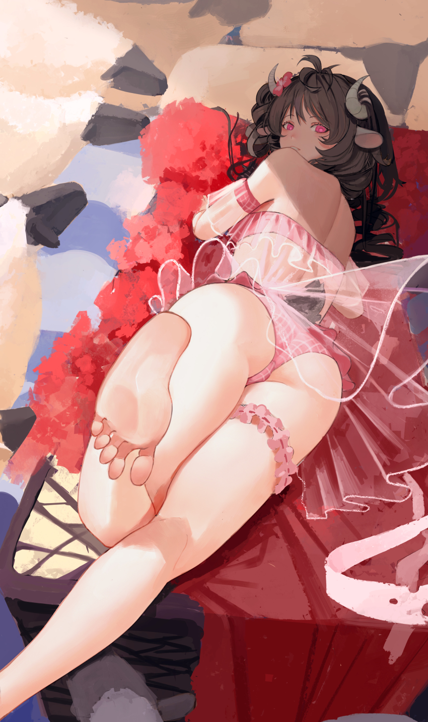 1girl, absurdres, arknights, barefoot, bikini, black_hair, eyjafjalla_(arknights), feet, foreshortening, frilled_thigh_strap, from_behind, highres, horns, long_hair, looking_back, lwj, lying, off-shoulder_bikini, off_shoulder, official_alternate_costume, on_stomach, pink_bikini, pink_eyes, soles, solo, swimsuit, thigh_strap, thighs, toes