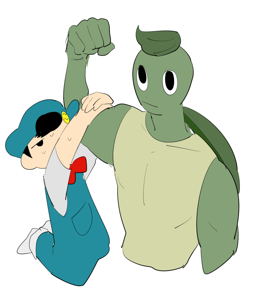 apios, arm_up, arms_up, aware!_meisaku-kun, black_eyes, black_hair, blue_headwear, blue_overalls