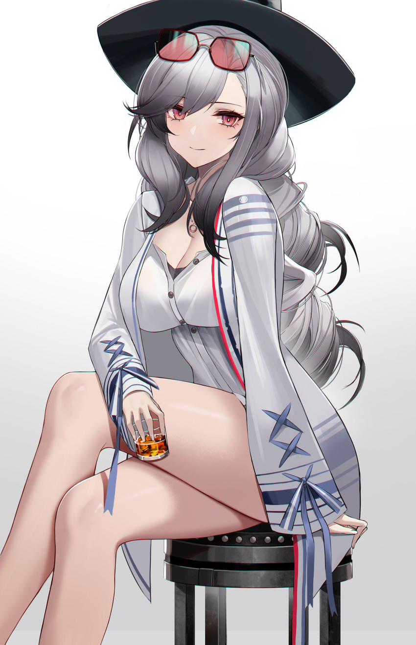 1girl, absurdres, azur_lane, bare_legs, black_headwear, breasts, cleavage, commentary_request