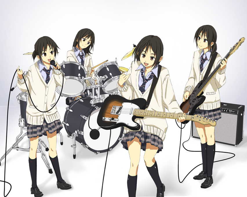4girls, band_(music), bass_guitar, black_hair, brown_eyes, cable, drum, drum_set
