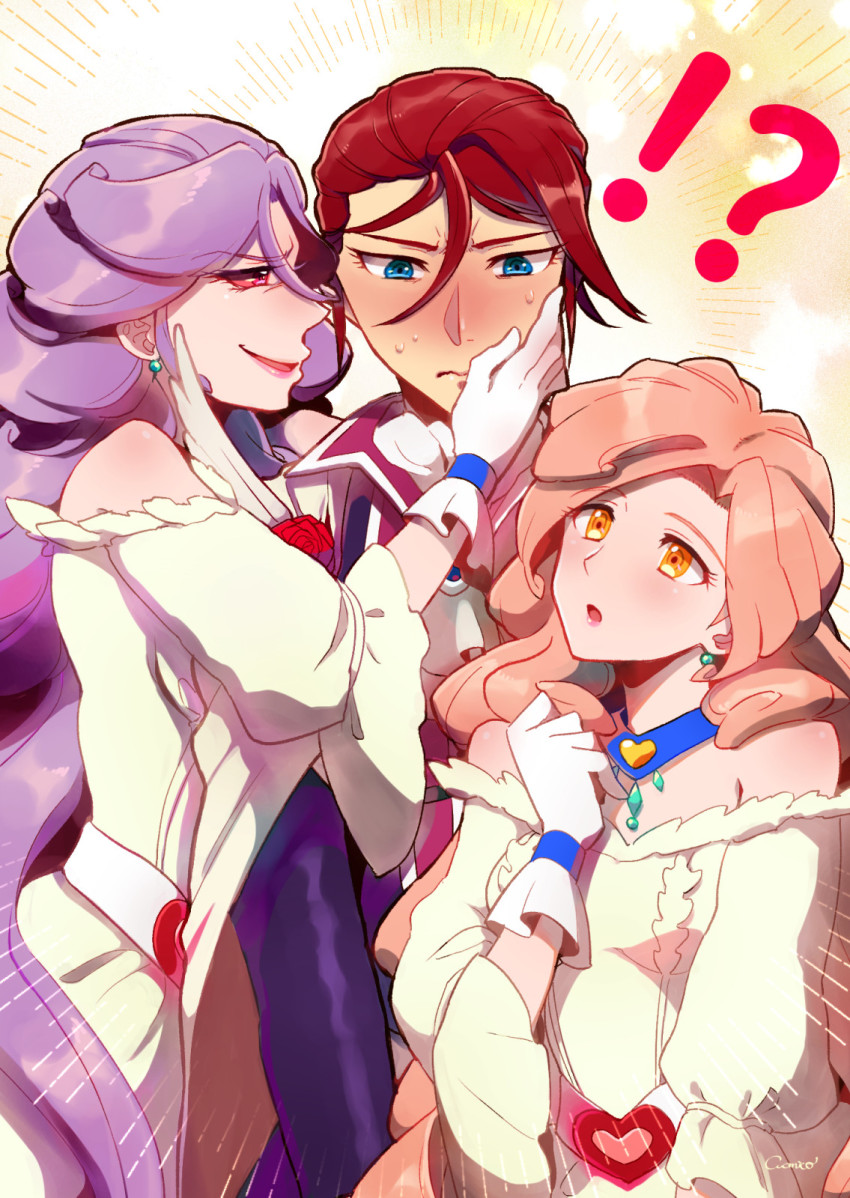 !?, 2girls, back_arrow, blue_eyes, dark_persona, dress, earrings, fine_forte, gloves, hair_between_eyes, hand_on_another's_cheek, hand_on_another's_face, hand_up, heart, highres, jewelry, lipstick, long_hair, makeup, multiple_girls, oinaw, pink_eyes, prax_conrad, red_hair, short_hair, wavy_hair, white_dress, white_gloves, yellow_eyes, yuri