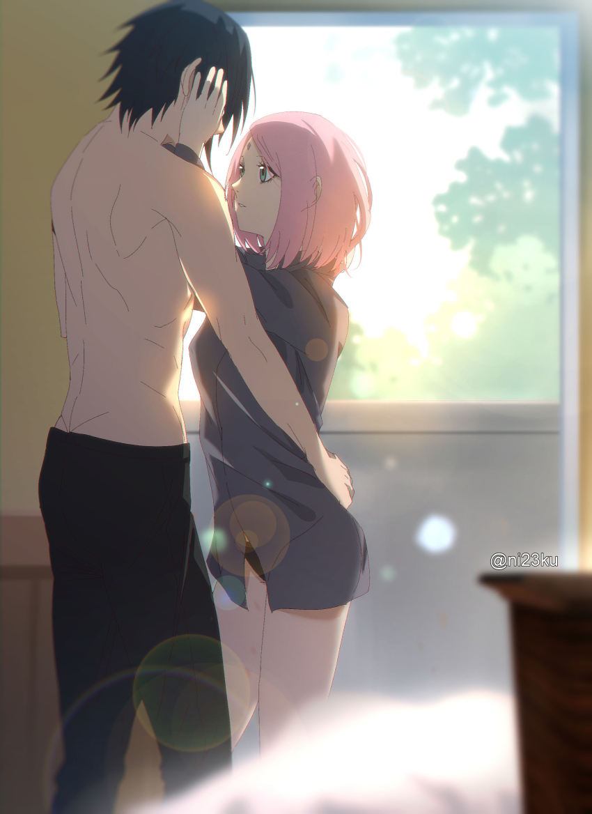 1boy, 1girl, absurdres, arm_around_another's_waist, bad_id, bad_pixiv_id, black_hair, black_panties