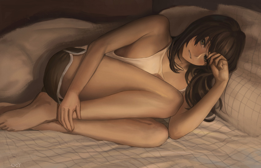 1girl, barefoot, black_hair, green_eyes, highres, long_hair, looking_at_viewer, lying