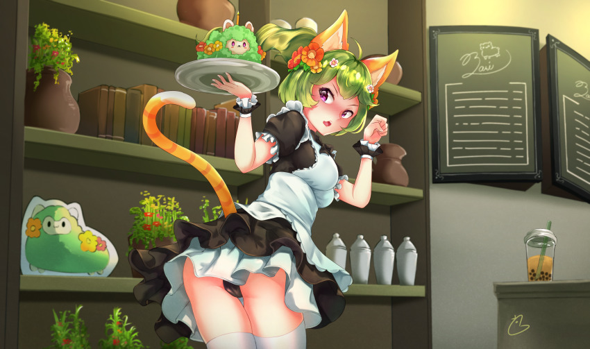 1girl, absurdres, animal_ears, apron, asymmetrical_bangs, black_panties, blush, breadthree, bubble_tea, cat_ears, cat_tail, embarrassed, fake_animal_ears, fake_tail, flower, green_hair, guardian_tales, hair_flower, hair_ornament, highres, holding, looking_back, maid, mayreel_(guardian_tales), official_alternate_costume, open_mouth, panties, ponytail, puffy_short_sleeves, puffy_sleeves, purple_eyes, short_hair, short_sleeves, tail, underwear, wrist_cuffs