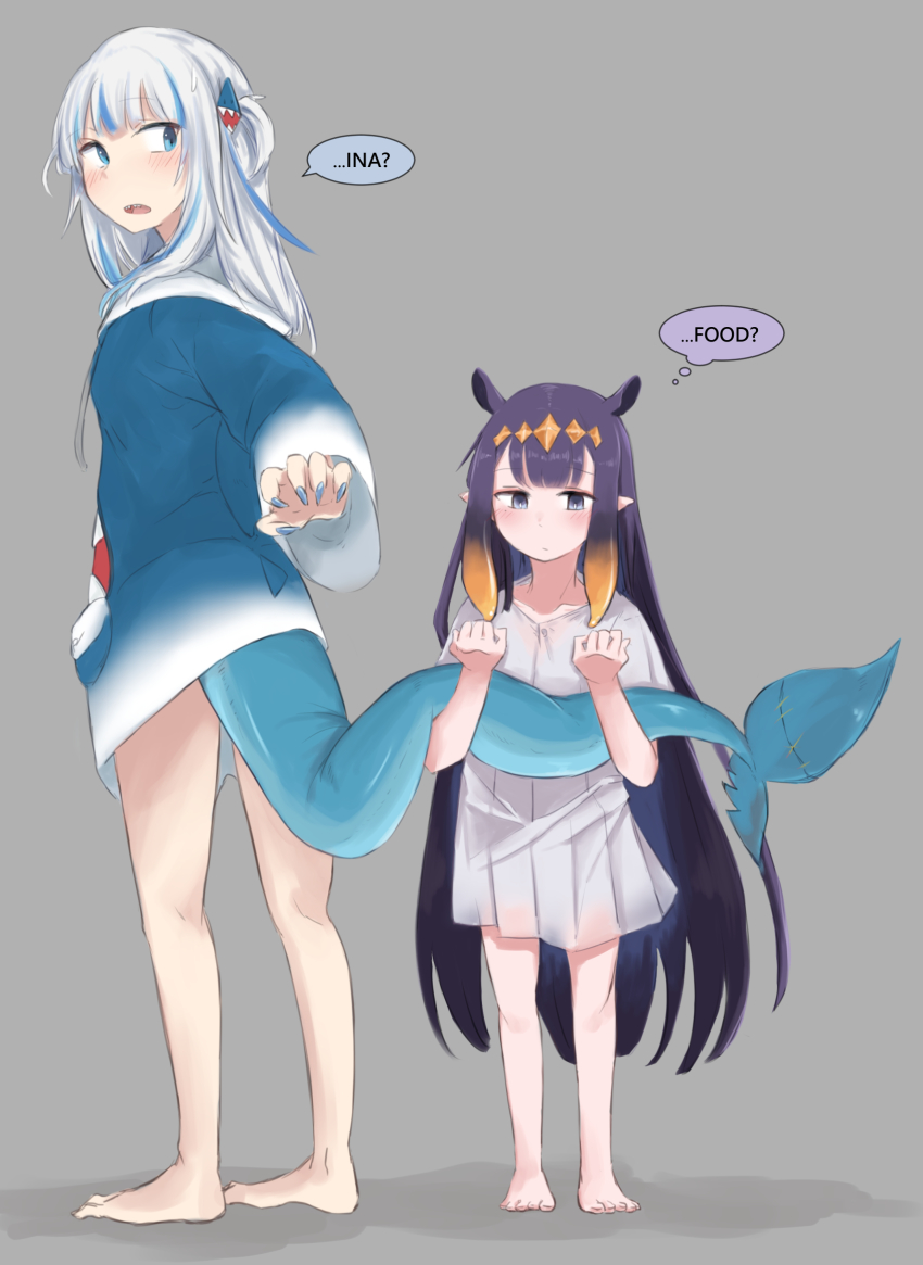 aoi_(aoisaka), blue_eyes, blue_hair, blunt_bangs, dress, fins, fish_tail, gawr_gura