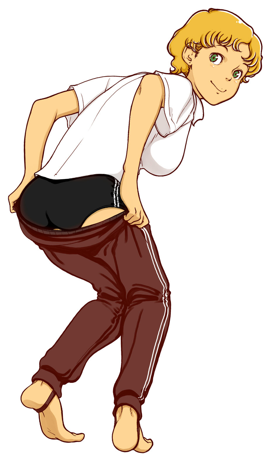 1girl, ass, barefoot, blonde_hair, buruma, feet, female_focus, from_behind, highres, looking_back, maria_kutschera_(trapp_ikka_monogatari), pants, parted_bangs, riarutoruchokku, shirt, short_hair, simple_background, smile, solo, stirrup_legwear, sweatpants, toeless_legwear, trapp_ikka_monogatari, undressing, white_background, white_shirt, world_masterpiece_theater