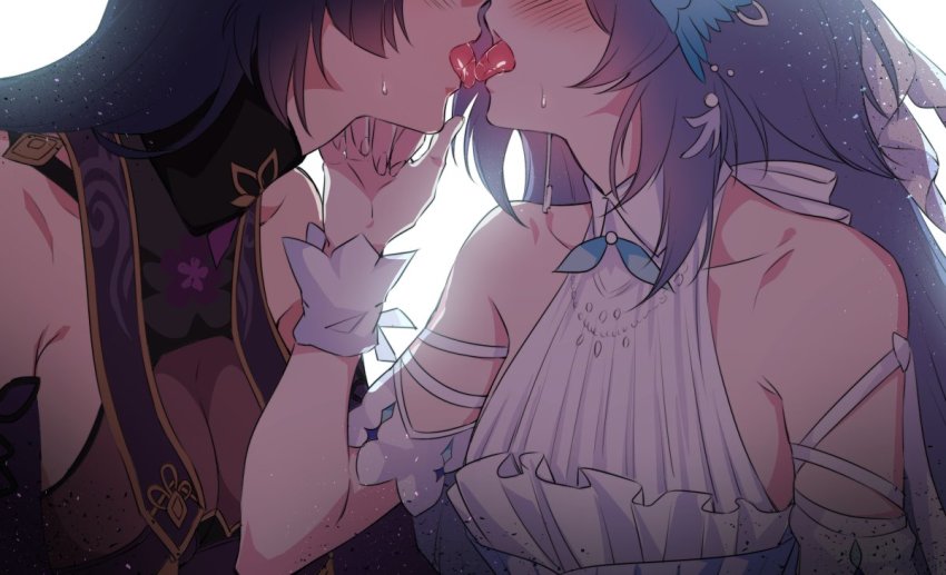 2girls, bare_shoulders, black_hair, blush, breasts, cleavage, collarbone, french_kiss