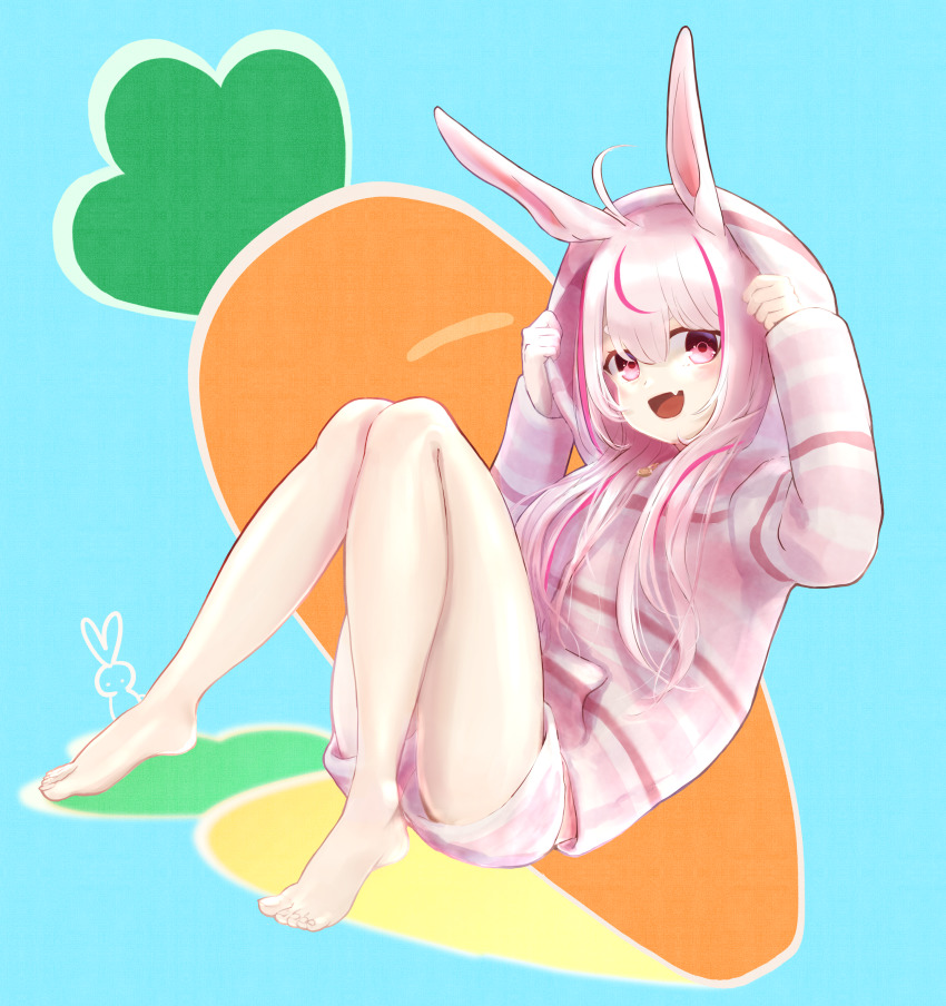 1girl, absurdres, ahoge, animal_ears, barefoot, blue_background, carrot, fang, feet, full_body, highres, hood, indie_virtual_youtuber, knees_up, leaning_back, legs, long_hair, open_mouth, pink_eyes, pink_hair, pink_shirt, pink_shorts, rabbit_ears, sakuma_(saku0ma), shirt, shorts, simple_background, sitting, smile, solo, striped_clothes, striped_shirt, striped_shorts, thighs, toes, tomari_mari, virtual_youtuber
