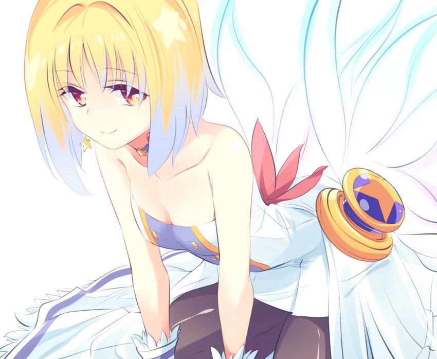 1girl, akirara_(ishiyumi), bent_over, blue_choker, blue_hair, breasts, brown_eyes, choker, collarbone, colored_tips, dress, feathers, hands_on_own_knees, highres, kato_takuji, looking_to_the_side, magical_girl, multicolored_hair, orange_hair, original, pantyhose, short_hair, small_breasts, smile, solo, white_dress, wrist_cuffs