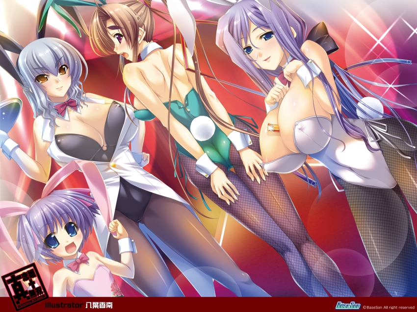 00s, 4girls, age_difference, animal_ears, artist_name, ass, bachou_(koihime_musou), back, between_breasts, blue_eyes, blush, bow, bowtie, breast_suppress, breasts, brown_hair, child, cleavage, copyright_name, covered_erect_nipples, dutch_angle, embarrassed, fake_animal_ears, fishnet_pantyhose, fishnets, flat_chest, gengan_(koihime_musou), grey_hair, highres, huge_breasts, koihime_musou, kouchuu_(koihime_musou), large_breasts, long_hair, looking_back, mature_female, mother_and_child, mother_and_daughter, multiple_girls, official_art, official_wallpaper, open_mouth, pantyhose, parent_and_child, playboy_bunny, ponytail, purple_hair, rabbit_ears, rabbit_tail, red_eyes, riri_(koihime_musou), short_hair, smile, tail, tray, very_long_hair, watermark, wrist_cuffs, yatsuha_kanan, yellow_eyes