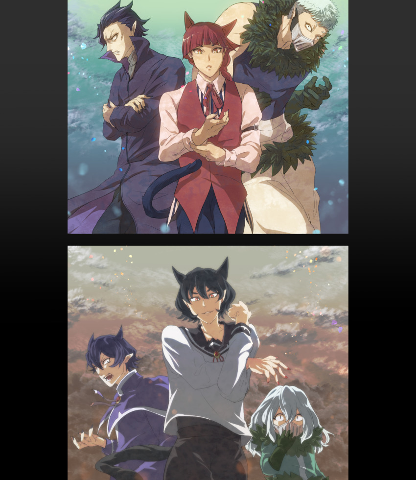 3boys, 3girls, animal_ears, balam_shichiro, bare_shoulders, black_hair, black_jacket, black_nails