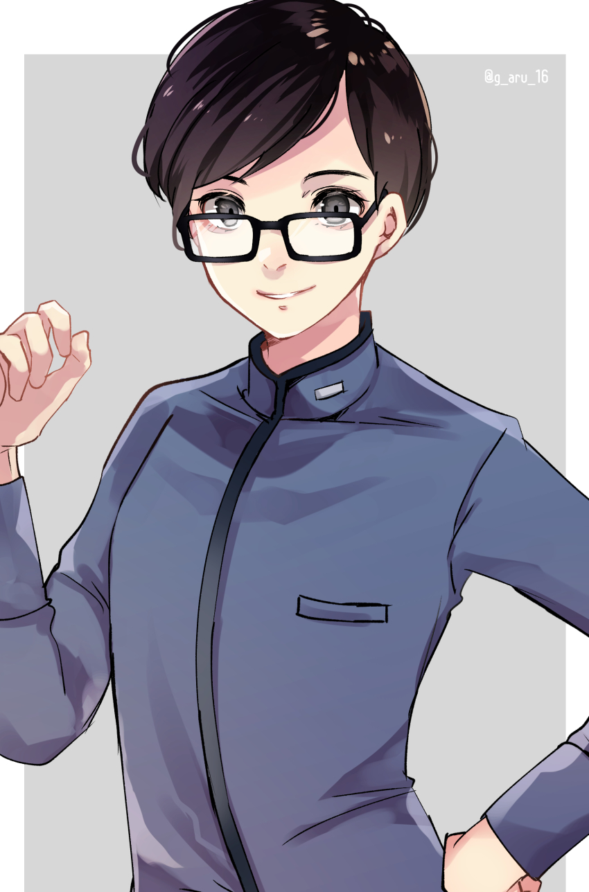 1boy, absurdres, aru16, black-framed_eyewear, black_eyes, grey_background, hand_on_own_hip, hand_up