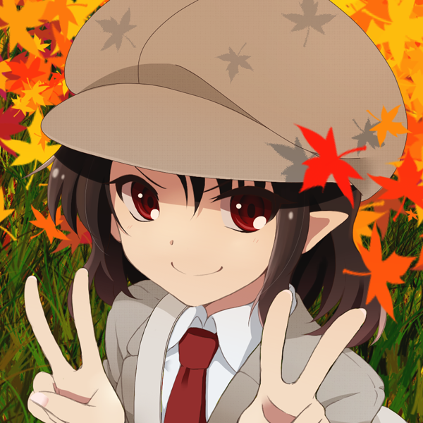 >:), 1girl, black_hair, blouse, brown_hat, newsboy_cap, collared_shirt, double_v