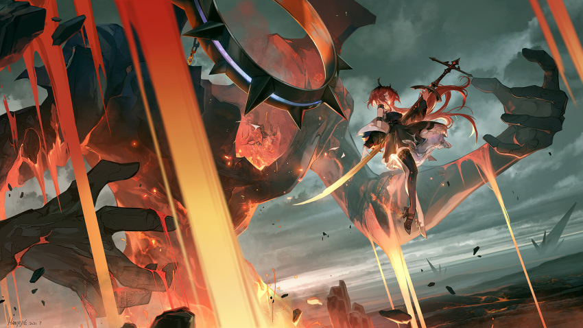 1girl, arknights, cloud, cloudy_sky, collar, demon, demon_girl, demon_horns