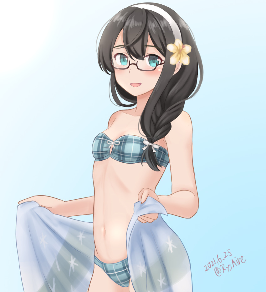 1girl, alternate_hairstyle, ame-san, aqua_bikini, bikini, black_hair, blue_background, braid