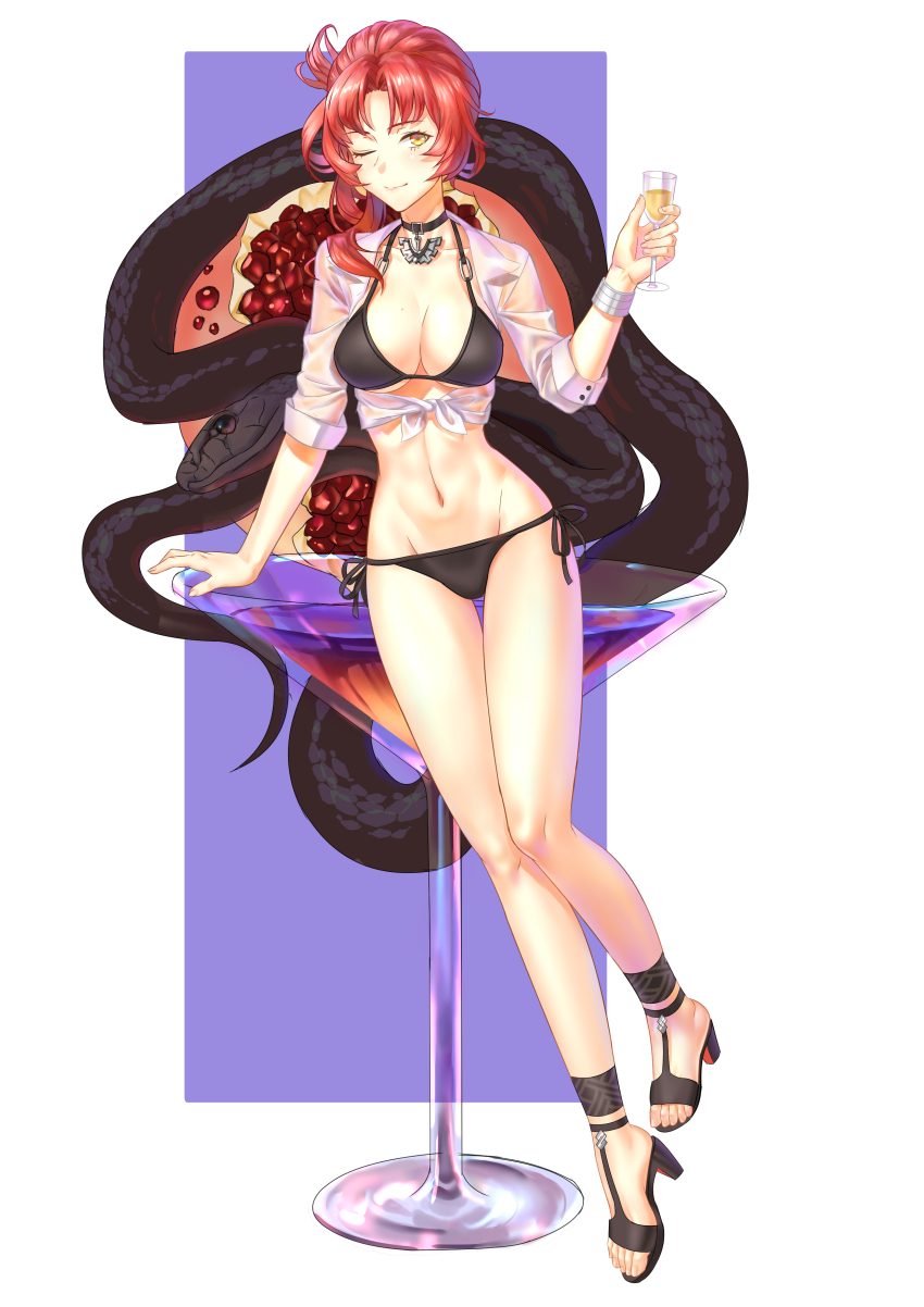 1girl, absurdres, alcohol, bad_id, bad_pixiv_id, bikini, black_bikini, black_mamba, blacksonata5, breasts, choker, closed_mouth, cup, drinking_glass, full_body, halterneck, highres, holding, holding_cup, honkai_(series), honkai_impact_3rd, mole, mole_on_breast, murata_himeko, murata_himeko_(black_mamba), navel, one_eye_closed, purple_background, red_hair, sandals, see-through_clothes, see-through_shirt, shirt, side-tie_bikini_bottom, simple_background, sleeves_rolled_up, snake, solo, string_bikini, swimsuit, toes, white_background, wine, wine_glass, yellow_eyes