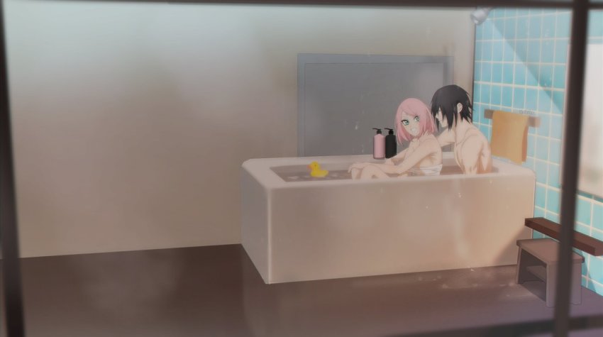 1boy, 1girl, bad_id, bad_pixiv_id, bathroom, bathtub, black_hair, blush