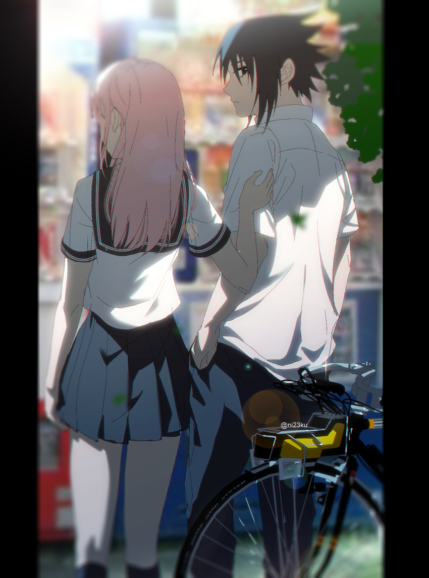 1boy, 1girl, bad_id, bad_pixiv_id, bicycle, black_eyes, black_hair, black_sailor_collar, black_socks, blue_pants, blue_skirt, blurry, blurry_background, collared_shirt, couple, from_behind, hand_in_pocket, haruno_sakura, highres, kneehighs, lens_flare, long_hair, looking_back, miniskirt, naruto_(series), ni23ku, niku_(ni23ku), outdoors, pants, pink_hair, pleated_skirt, profile, sailor_collar, sailor_shirt, school_uniform, serafuku, shirt, short_hair, short_sleeves, skirt, socks, solo, straight_hair, twitter_username, uchiha_sasuke, white_shirt