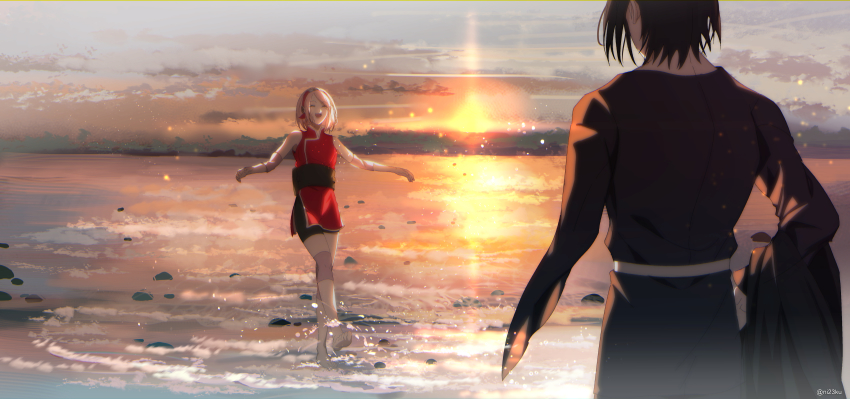 1boy, 1girl, :d, ^_^, absurdres, bad_id, bad_pixiv_id, barefoot