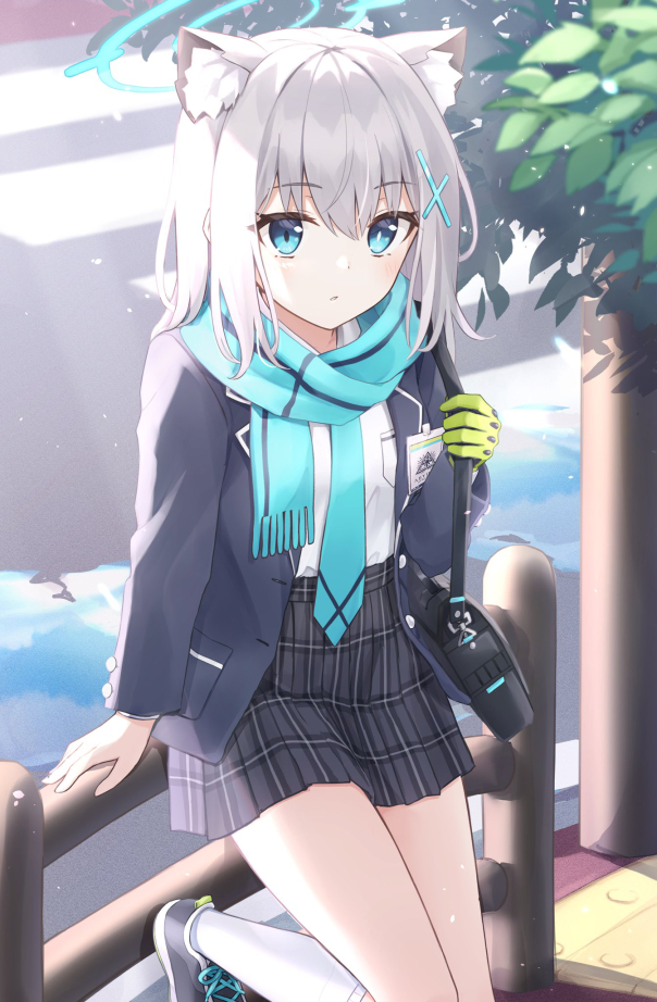 1girl, animal_ear_fluff, animal_ears, aqua_scarf, black_shoes, blue_archive, blue_eyes, breast_pocket