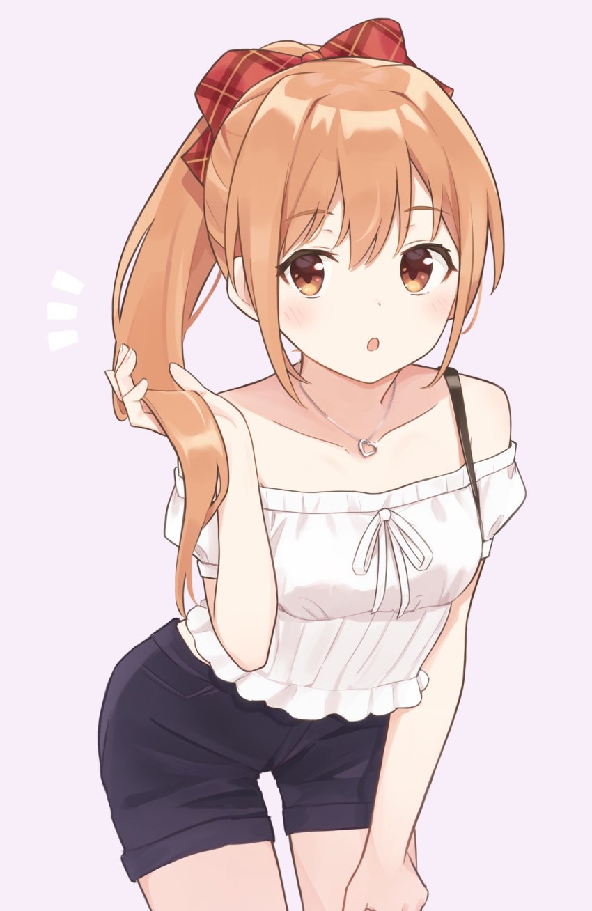 1girl, bare_shoulders, blush, brown_hair, hair_between_eyes, highres, nozomi_(princess_connect!), pink_background