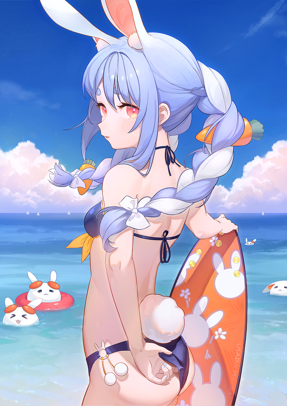 >_<, 1girl, adjusting_clothes, animal_ear_fluff, animal_ears, ass, beach, bikini