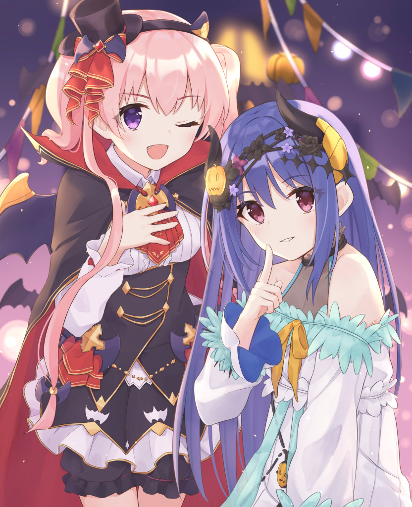 2girls, blue_hair, halloween, multiple_girls, pink_hair, princess_connect!, purple_eyes, red_eyes