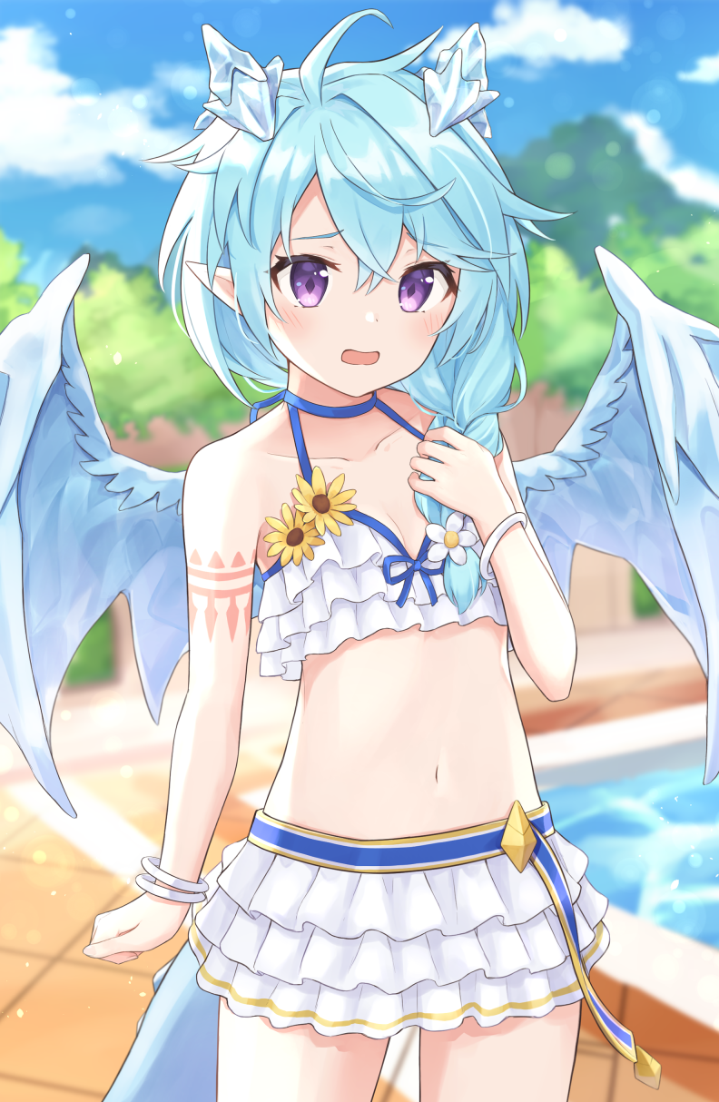 1girl, bikini, blue_hair, dragon_girl, dragon_horns, dragon_tail, frilled_bikini, frills, hair_between_eyes, highres, horns, navel, princess_connect!, purple_eyes, sheffy_(princess_connect!), sheffy_(summer)_(princess_connect!), solo, swimsuit, tagme, tail, white_bikini, yazi114
