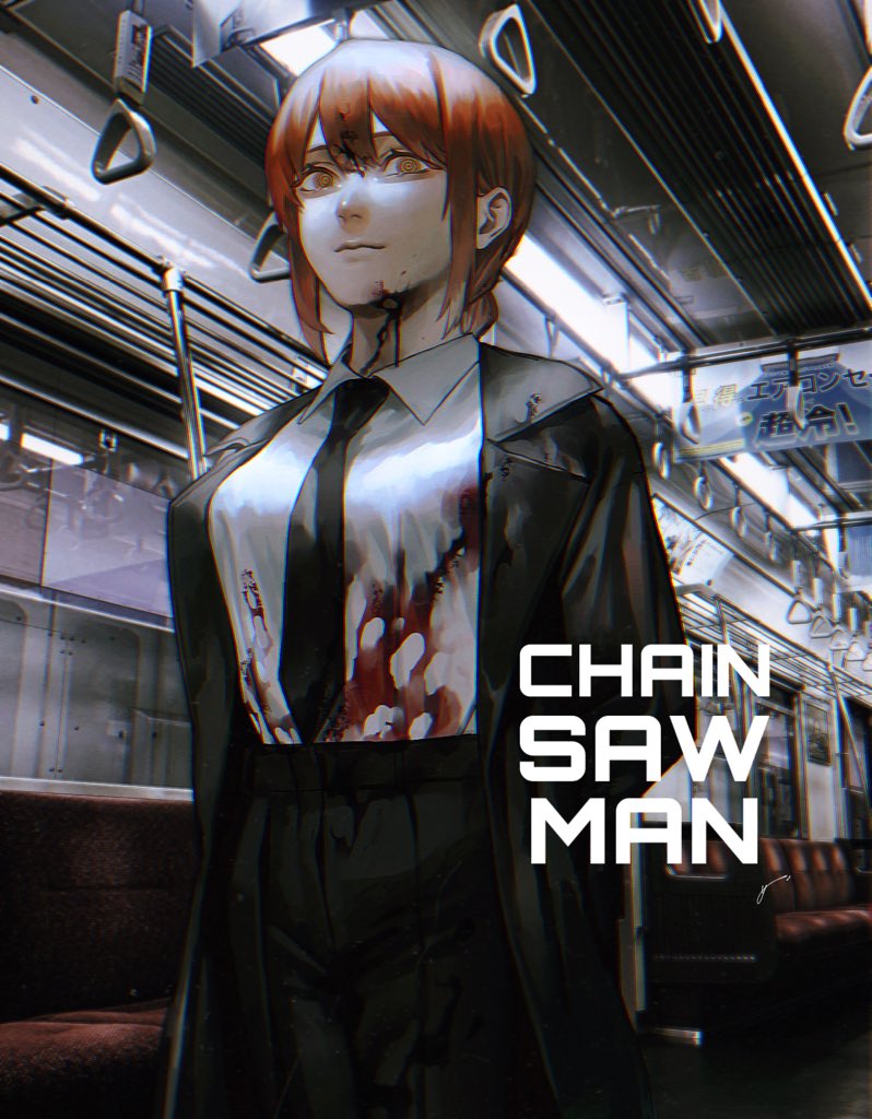 1girl, arms_behind_back, black_coat, black_necktie, black_pants, blood, blood_on_clothes, blood_on_face, braid, braided_ponytail, breasts, business_suit, chainsaw_man, closed_mouth, coat, collared_shirt, formal_clothes, from_below, hair_behind_ear, hair_between_eyes, hand_grip, jacket, k041800, long_coat, long_sleeves, looking_at_viewer, makima_(chainsaw_man), medium_hair, necktie, pants, red_hair, ringed_eyes, seat, shirt, shirt_tucked_in, sidelocks, sign, solo, standing, subway, suit, train, train_interior, window, yellow_eyes