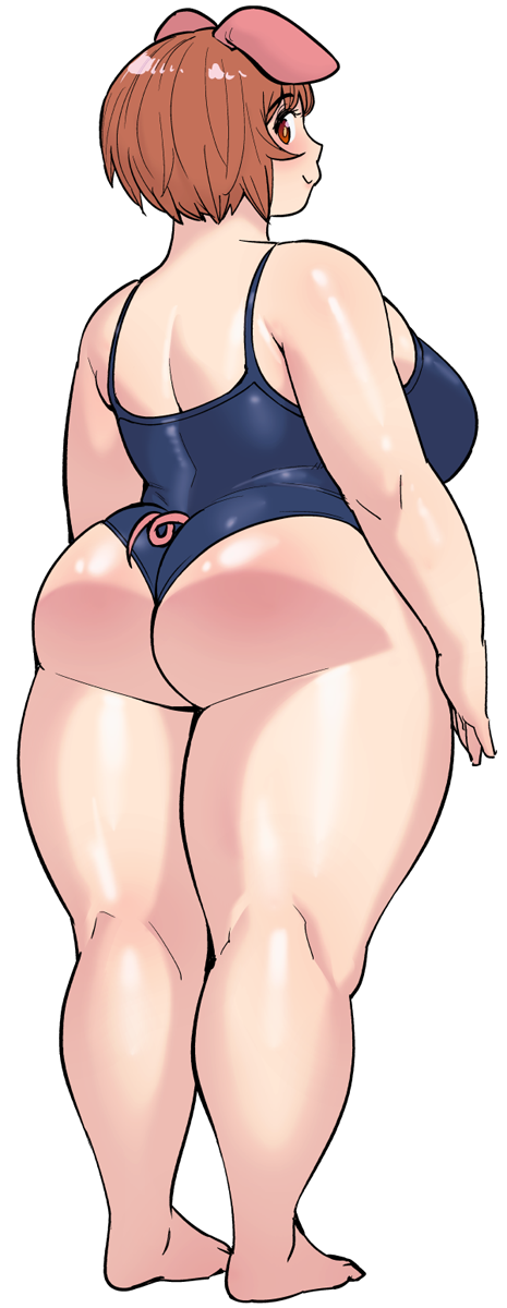 1girl, animal_ears, ass, bare_back, bare_shoulders, barefoot, blue_one-piece_swimsuit, brown_hair