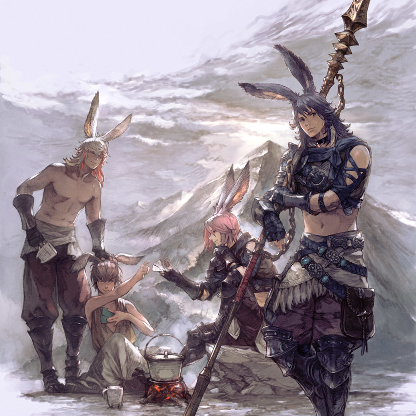 4boys, animal_ears, armor, black_hair, campfire, card, copyright_notice, crop_top
