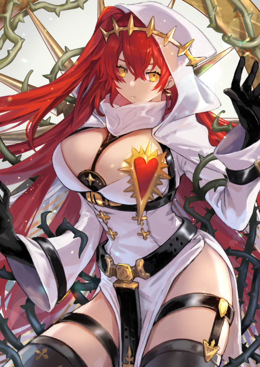 1girl, alchemy_stars, belt, black_gloves, breasts, cleavage, cleavage_cutout, cloak, closed_mouth, clothing_cutout, crossed_bangs, dress, earrings, garter_straps, gloves, highres, hood, jewelry, large_breasts, long_hair, looking_at_viewer, pact_(alchemy_stars), pelvic_curtain, plant, red_hair, solo, thighhighs, thighs, thorns, vines, white_cloak, white_dress, white_hood, yellow_eyes, zassounabe