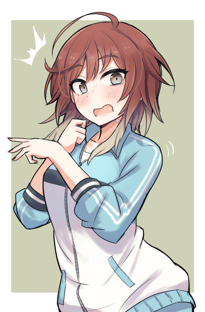 1girl, :o, ^^^, ahoge, aketa_mikoto, aqua_jacket, blush, collarbone