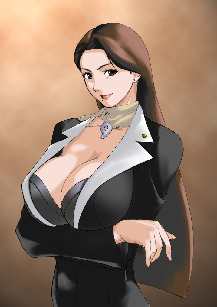 1girl, ace_attorney, arisawa_masaharu, breasts, brown_eyes, brown_hair, business_suit, capcom, cleavage, earrings, female_focus, fingernails, formal_clothes, gradient_background, jewelry, large_breasts, long_fingernails, long_hair, magatama, mia_fey, solo, suit