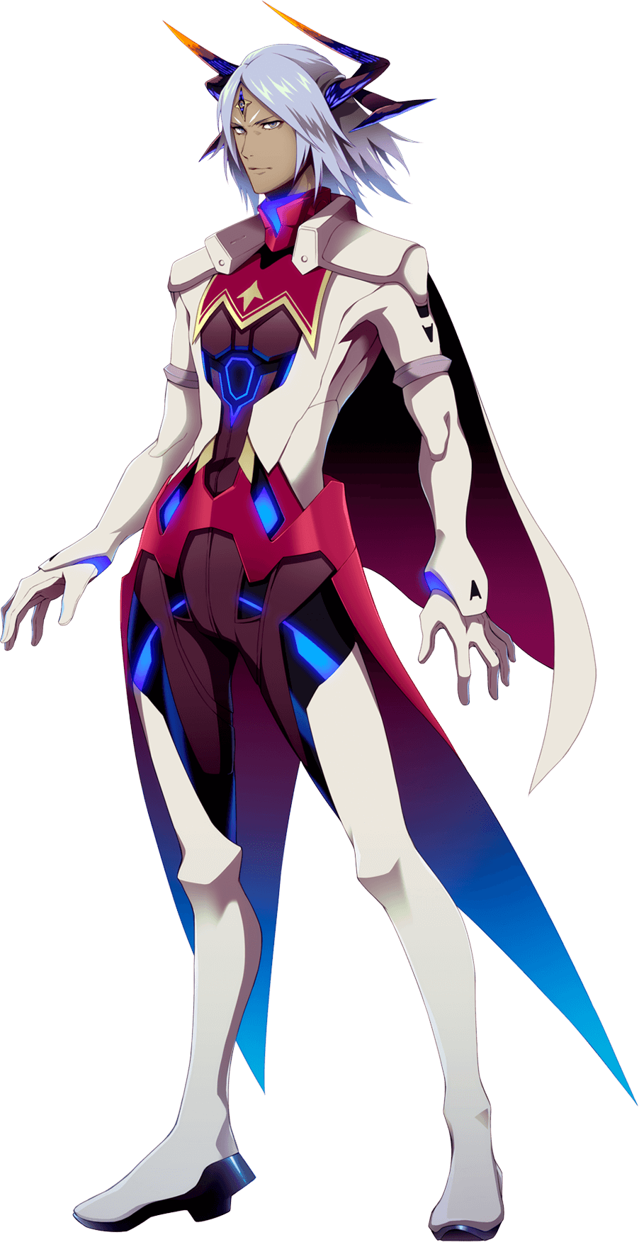 1boy, bodysuit, boots, cape, caruleum_vaull, dark-skinned_male, dark_skin, facial_mark, forehead_mark, gloves, highres, horns, jacket, male_focus, mechanical_horns, official_art, open_hands, parted_bangs, purple_eyes, sogabe_shuuji, super_robot_wars, super_robot_wars_30, transparent_background, v-shaped_eyebrows, white_footwear, white_gloves, white_jacket