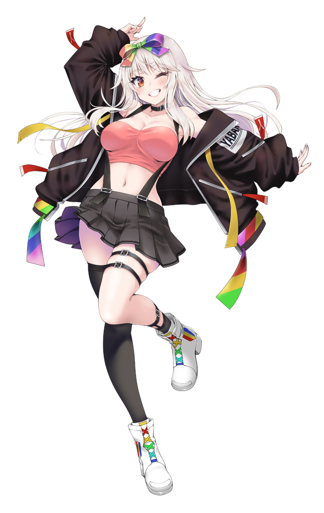 1girl, arm_up, bare_shoulders, black_collar, black_footwear, black_jacket, blush, bow, breasts, character_name, cleavage, collar, collarbone, grey_hair, hair_bow, indie_virtual_youtuber, jacket, kubota_masaki, large_breasts, long_hair, long_sleeves, nanairo_yabami, navel, one_eye_closed, open_clothes, open_jacket, orange_eyes, pointing, rainbow, simple_background, single_thighhigh, skindentation, skirt, sleeves_past_wrists, socks, solo, strapless, suspenders, teeth, thigh_strap, thighhighs, tube_top, virtual_youtuber, white_background, white_footwear, white_hair