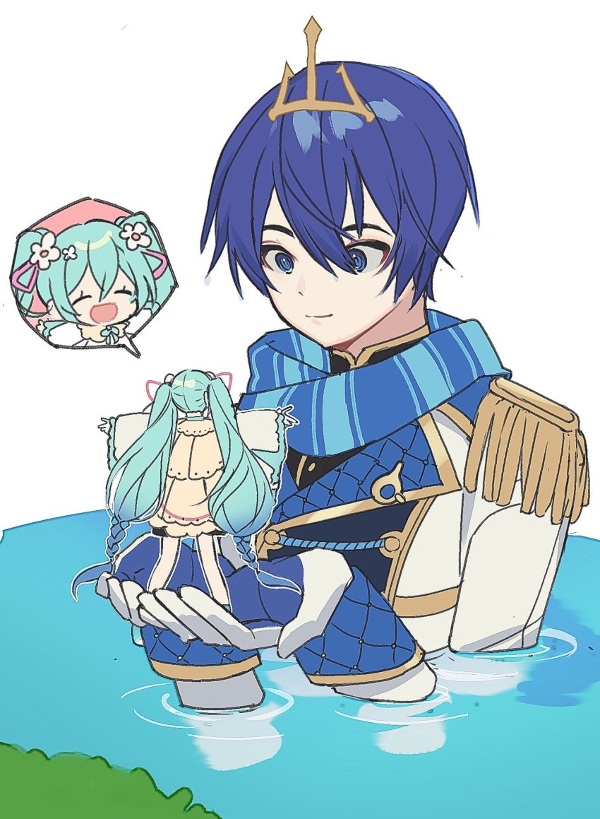 1boy, 1girl, aqua_hair, blue_eyes, blue_hair, blue_scarf, braid, cape