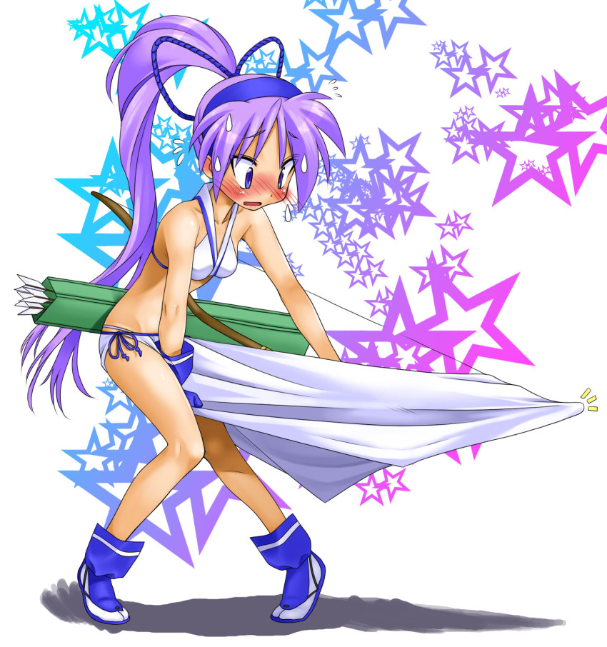 1girl, arrow_(projectile), bad_id, bad_pixiv_id, bikini, blue_eyes, blush, boots
