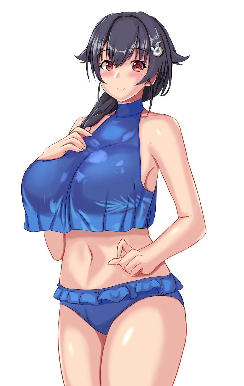 1girl, bikini, black_hair, blue_bikini, blush, braid, breasts, cowboy_shot