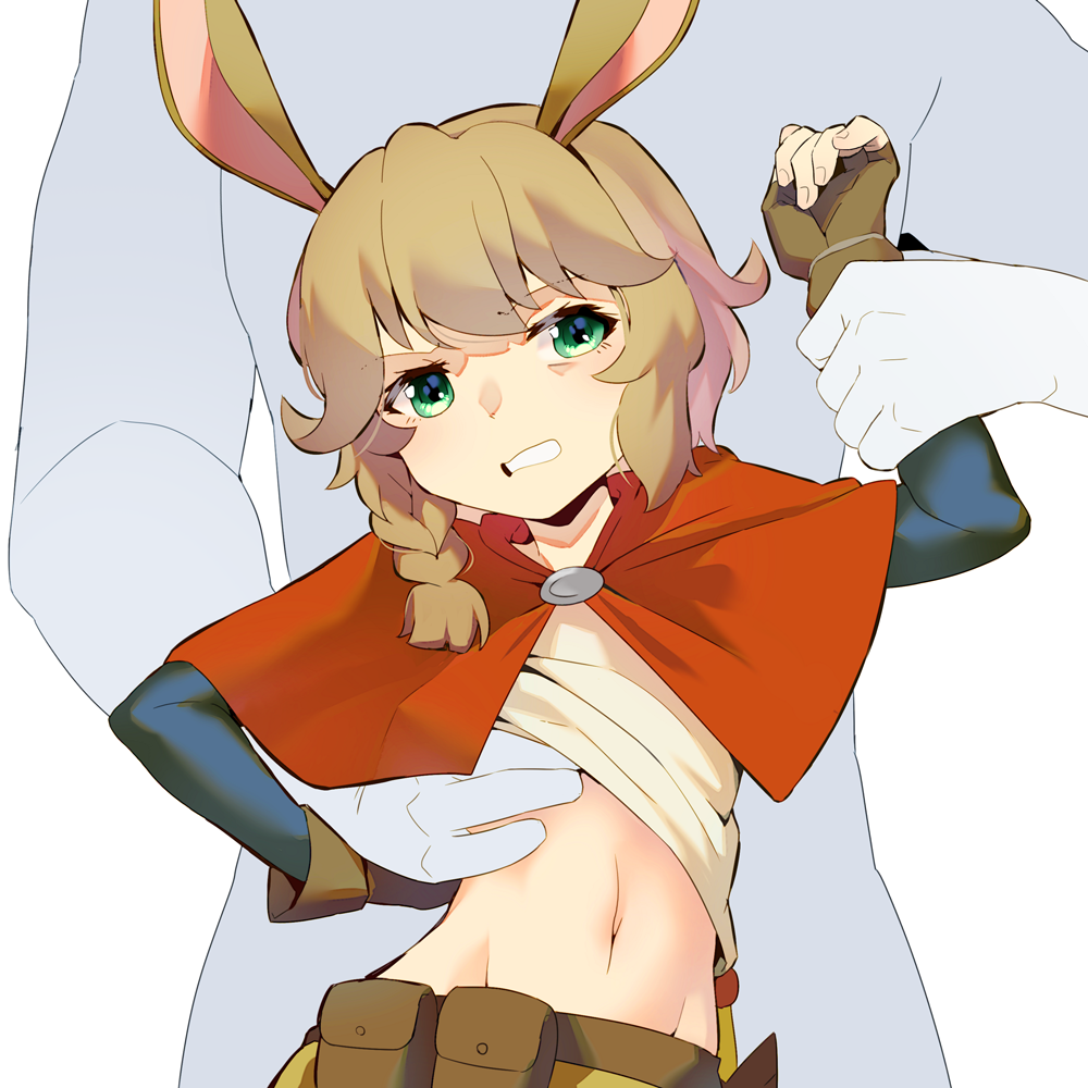 1boy, 1girl, angry, animal_ears, arm_behind_back, arm_grab, arm_up, asymmetrical_hair, belt, blue_sleeves, blush, braid, brown_gloves, brown_hair, capelet, clenched_teeth, clothes_lift, fingerless_gloves, flat_chest, gloves, green_eyes, groin, horn_(isekai_maou), isekai_maou_to_shoukan_shoujo_no_dorei_majutsu, lifting_another's_clothes, light_blush, medium_hair, midriff, navel, pouch, rabbit_ears, rabbit_girl, raglan_sleeves, red_capelet, restrained, shirt, shirt_lift, sidelocks, simple_background, single_braid, solo_focus, standing, stomach, teeth, upper_body, v-shaped_eyebrows, viroa, white_background, white_shirt