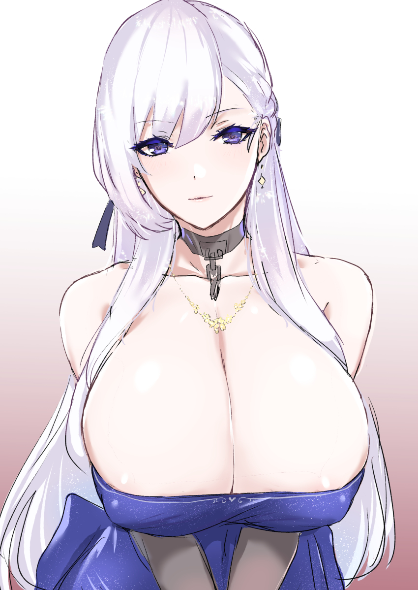 1girl, absurdres, alternate_breast_size_(larger), arms_under_breasts, azur_lane, belfast_(azur_lane), belfast_(the_noble_attendant)_(azur_lane), blush, braid, breasts, chain, choker, cleavage, collarbone, covered_erect_nipples, earrings, hair_between_eyes, heart, heart-shaped_pupils, highres, huge_breasts, jewelry, large_breasts, long_hair, looking_at_viewer, mogi_yasunobu, necklace, purple_eyes, simple_background, solo, swept_bangs, symbol-shaped_pupils, upper_body, white_background, white_hair