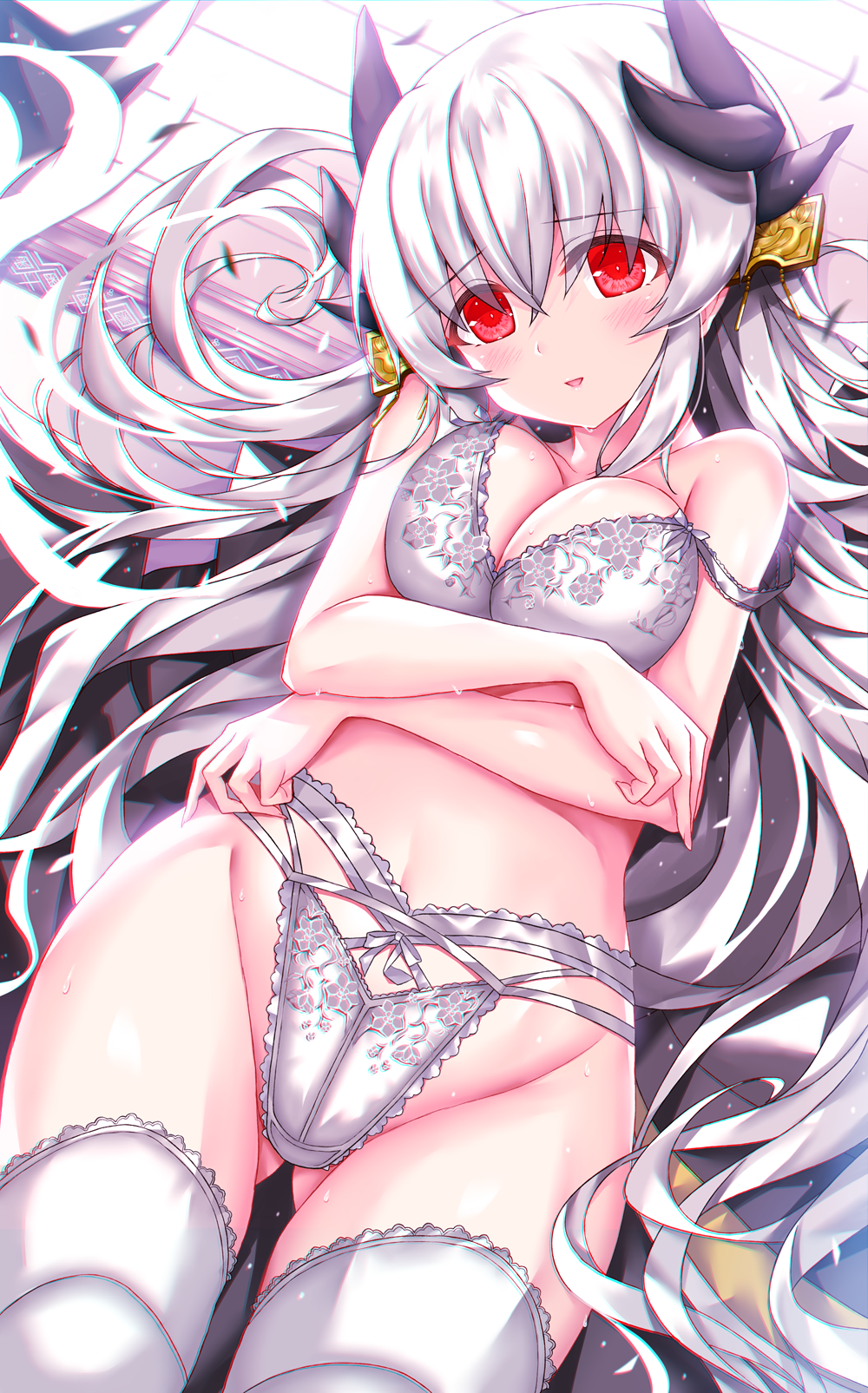 1girl, bra, breasts, dragon_girl, dragon_horns, fate/grand_order, fate_(series), garter_belt