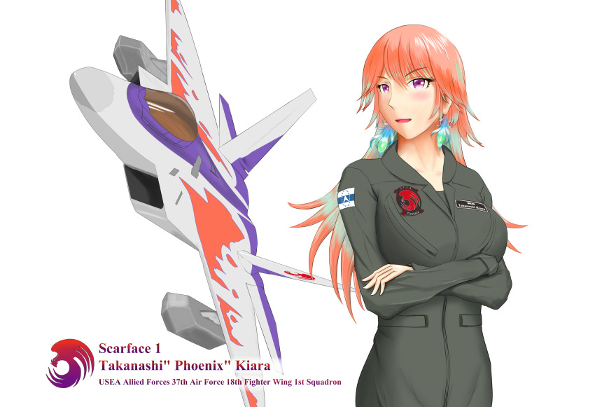 1girl, absurdres, ace_combat, character_name, check_commentary, commentary_request, crossed_arms, crossover, earrings, f-22, f-22_raptor, feather_earrings, feathers, gradient_hair, highres, hololive, hololive_english, jewelry, long_hair, multicolored_hair, namco, orange_hair, pilot_suit, purple_eyes, scarface_1, sccmembt, takanashi_kiara, trait_connection, upper_body, virtual_youtuber